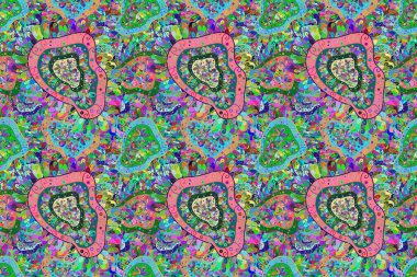 Renkli Bahar Temalı Kusursuz Arkaplan. Raster kusursuz. Güzel kumaş deseni. Çiçek deseni. Düz Çiçek Elementleri Tasarımı.