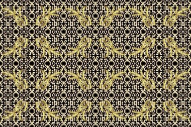 Raster illustration. Raster abstract background with repeating elements. Seamless damask classic golden pattern. Golden seamless pattern on beige, black and neutral colors with golden elements.