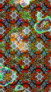 Çocuksu tasarım. Kahverengi ve yeşil arka planda. Elle çizilmiş çiçek desenli Raster çizimi. Tekstil, kumaş, ambalaj, hatıra defteri için güzel çiçek arkaplanı..