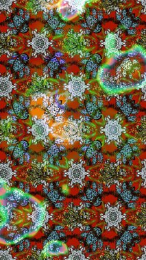 Çocuksu tasarım. Kahverengi ve yeşil arka planda. Elle çizilmiş çiçek desenli Raster çizimi. Tekstil, kumaş, ambalaj, hatıra defteri için güzel çiçek arkaplanı..