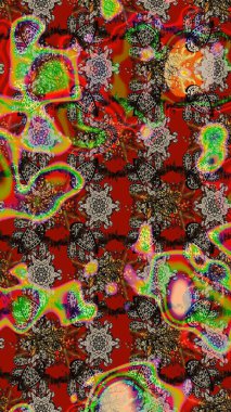 Raster Çiçek İllüstrasyonu güzel tekstil. Kırmızı ve kahverengi renkli etnik çiçeklerle zarif bir eskiz deseni..