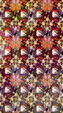 Çiçekli bahar çiçekleri. Moda baskıları için zarif bir şablon. Küçük renkli çiçekler. Motley illüstrasyonu. Küçük çiçekte şirin desenler.