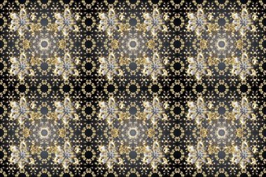Altın desenli gri, bej ve kahverengi renklerde altın çiçekli elementler. Raster geometrik arka plan. Senin tasarımın için, duvar kağıdı. Altın rengi kusursuz illüstrasyon.