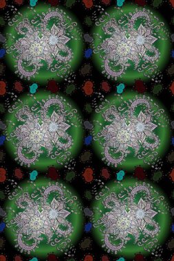 Raster illustration. Seamless classic raster golden pattern. Classic vintage background. Traditional orient ornament. Seamless pattern on green and black colors with golden elements.