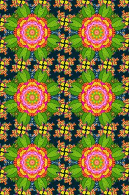 Klasik çiçekler. Yeşil, mavi ve sarı renkler. El çizimi, soyut ve süslü elementler. Yaz çiçekleri teması. Suluboya resim taklit Raster illüstrasyonu.