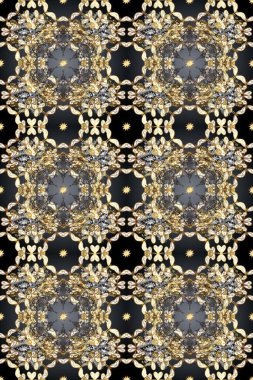 Kusursuz damaske klasik altın desen. Altın rengi ve altın elementler üzerinde altın pürüzsüz desen. Tekrarlayan elementlerle soyut arkaplan oluşturun. Raster illüstrasyonu.