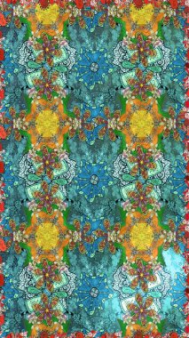 Raster Çiçek İllüstrasyonu 'nun şirin tekstili. Mavi renkli etnik çiçeklerle zarif eskiz deseni.