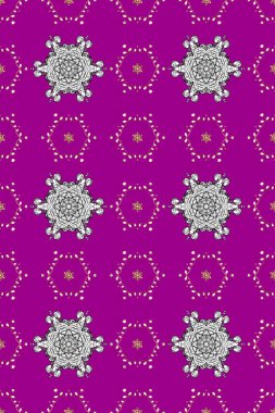 Mor, gri ve nötr renklerdeki altın pürüzsüz desen, altın elementlerle. Kusursuz damaske klasik altın desen. Tekrarlayan elementlerle soyut arkaplan oluşturun. Raster illüstrasyonu.