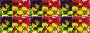 Çok renkli ve kırmızı zarif küçük çiçekler ve sarı ve kırmızı renkli komik böcekler, raster desen, illüstrasyon.