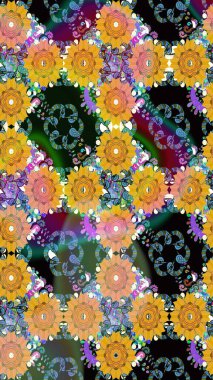 Raster illüstrasyonu. Sarı ve mavi renklerde bahar çiçekleri. Çiçek ve yapraklı karalama şeklinde Raster çiçek deseni.