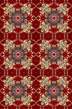 Classic vintage background. Seamless classic raster golden pattern. Traditional orient ornament. Raster illustration. Seamless pattern on red, brown and beige colors with golden elements.