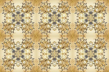 Sembol bayramı, yeni yıl kutlamaları, altın desenler. Noel altın kar tanesi kusursuz desen. Kış kar dokusu duvar kağıdı. Bej, nötr ve kahverengi renkte altın kar taneleri.