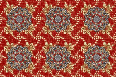 Raster seamless pattern with gold antique floral medieval decorative, leaves and golden pattern ornaments on red and gray colors. Seamless royal luxury golden baroque damask vintage.