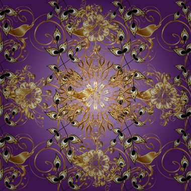 El yapımı dekoratif çerçeve, albüm kapağı, tebrik kartı, klasik Art deco tarzı. Altın karalama fantezi yapraklarından gelen soyut çiçek çelengi ve mor ve nötr renklerde çiçek..