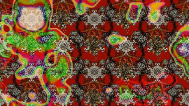 Ağaç dallı bahar çiçekleriyle desen, kırmızı, kahverengi ve gri renkler ve çiçek silueti. Raster deseni.