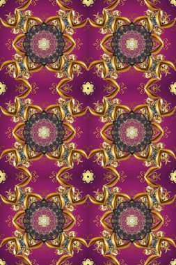Mor, kahverengi ve bej üzerine altın rengi klasik barok çiçeksiz desenler. Süslü raster dekorasyonu. Mor, kahverengi ve bej renklerde altın element. Lüks, kraliyet ve Viktorya dönemi konsepti.