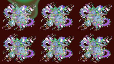 Raster illüstrasyonu. Kahverengi ve yeşil renkli Asya tekstili. Çiçek desenini çiz.