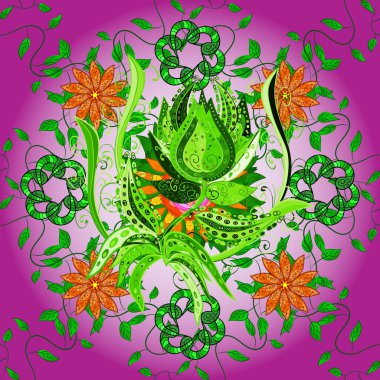 Çiçek buketleriyle klasik tarzda kusursuz desenler. Yeşil ve mor renklerde.