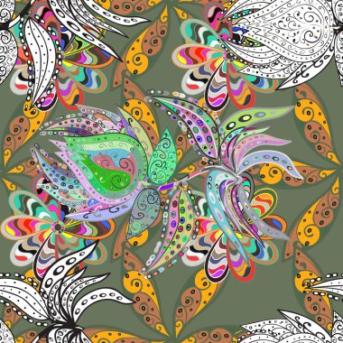 Gri ve yeşil renklere karalamalar çizen kusursuz çiçek deseni. Vektör illüstrasyonu.