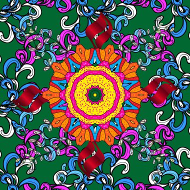 Yeşil ve siyah renklerde etnik çiçeklerle kusursuz bir desen. Güzel tekstil içinde Vektör Çiçek İllüstrasyonu.