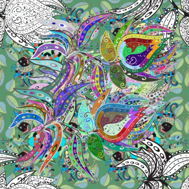 Kusursuz desen. Çiçek duvar kağıdı. Yeşil ve gri renklerde. Vektör çizimi. Renkli süs kenarı. Hint süsü..