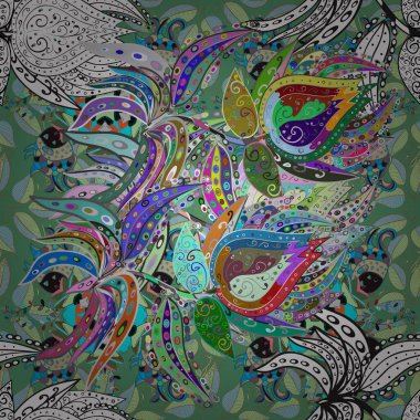 Asyalı tekstil konusunda Vektör Çiçek İllüstrasyonu. Gri ve yeşil renklerde etnik çiçeklerle kusursuz bir desen..