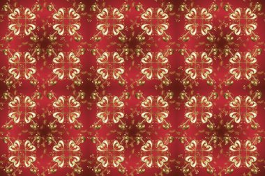 Şam, tasarım için kusursuz desen. Kırmızı, kahverengi ve bej renklerde, altın elementli, pürüzsüz desen.