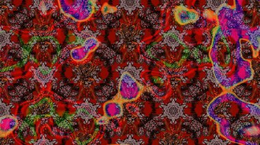 Renkli grunge, soyut arkaplanı kolonya ve kırmızı çiçeklerle süslüyor. Parmak izi, kumaş, duvar kâğıdı, tekstil için raster dokusu. Nakış desenli çiçek deseni..