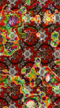 Kumaş desenli papatya çiçeği detayı. Kahverengi ve kırmızı renkte çiçekler.