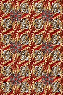 Raster altın desen. Kahverengi, kırmızı ve bej renkler ve altın elementler. Raster illüstrasyonu. Doğu tarzı arabesk. Kusursuz altın desenli bukleler..