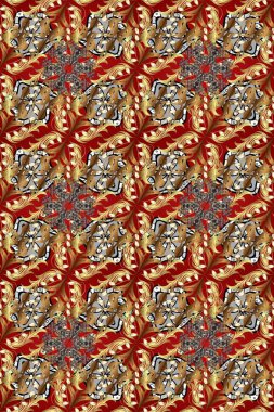 Raster altın desen. Kahverengi, kırmızı ve bej renkler ve altın elementler. Raster illüstrasyonu. Doğu tarzı arabesk. Kusursuz altın desenli bukleler..