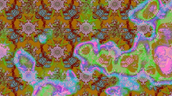 Yeşil ve kahverengi renkli bitkilerden oluşan parlak çiçekli çizim deseni.