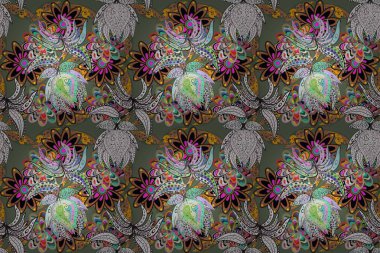 Çiçekler. Soyut etnik raster kusursuz desen. Vadinin çiçekleri yeşil ve gri renklerde.