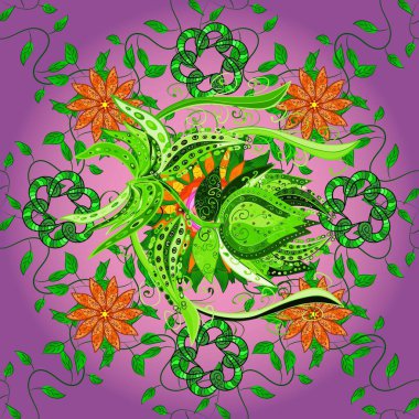 Raster illüstrasyonu. Düz Çiçek Elementleri Tasarımı. Mor ve yeşil renklerde zarif çiçek buketi suluboya. Renkli Bahar Teması Kusursuz Arkaplan.