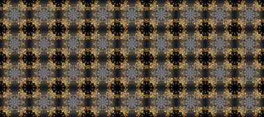 Çiçek kiremitleri. Kusursuz desenli oryantal süs. İslam tasarımı. Altın desenli sarı, turuncu ve bej renklerde altın elementler. Raster altın tekstil baskısı.