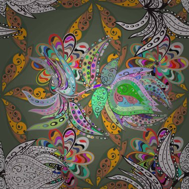 Raster illüstrasyonu. El yapımı çiçek ve bitki koleksiyonu. Şirin karalama çiçekleri olan kusursuz çiçek desenleri. Raster illüstrasyonu. Çizim stili gri ve yeşil renklerde.