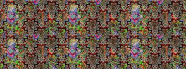 El çizimi. Güzel kumaş deseni. Raster illüstrasyonu. Çiçekler, dallar, otlar ve çiçekler.