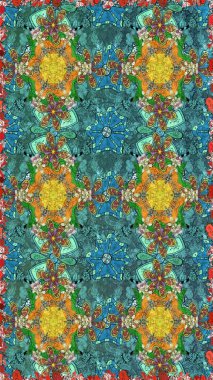 Renkli desenli eskiz deseni, mavi çiçekler ve dekoratif elementlerle. Eskiz geçmişi. Raster illüstrasyonu. Kumaş, tekstil, duvar kağıdı baskısı için. Antika retro tarzı.