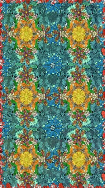 Renkli desenli eskiz deseni, mavi çiçekler ve dekoratif elementlerle. Eskiz geçmişi. Raster illüstrasyonu. Kumaş, tekstil, duvar kağıdı baskısı için. Antika retro tarzı.