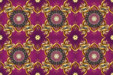 Lüks, kraliyet ve Viktorya dönemi konsepti. Süslü raster dekorasyonu. Mor, kahverengi ve bej renklerde altın element. Mor, kahverengi ve bej üzerine altın rengi klasik barok çiçeksiz desenler..