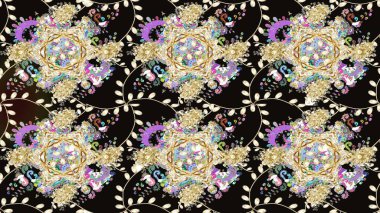 Kumaş, duvar kağıdı ve kağıt üzerine baskı yapmak için gelişen arka plan. Raster illüstrasyonu. Moda arka planında parlak buketler. Eski usul küçük çiçekli şirin bir eskiz deseni..