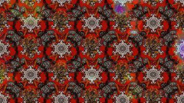 Moda baskıları için zarif bir şablon. Modern çiçek arkaplanı. Parlak renkli çiçekleri ve kahverengi ve kırmızı renkte yaprakları olan harika bir çiçek deseni. Halk stili.