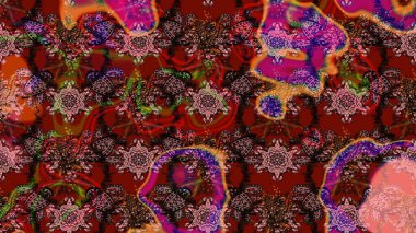 Renkli Bahar Teması eskiz kalıbı. Raster Modaya uygun kumaş deseni. Düz Çiçek Elementleri Tasarımı. Kahverengi ve kırmızı renkli şirin çiçek deseni.