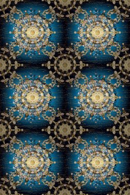 Hassas altın deseni açın. Parlak dantel, stilize çiçekler, şal desenli. Kusursuz altın desenli bukleler. Doğu tarzı arabesk. Mavi üzerinde kusursuz desen, altın elementli siyah renk. Raster.