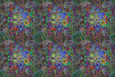 Çiçekli, suluboya desenli kusursuz çiçek deseni. Düz Çiçek Elementleri Tasarımı. Raster illüstrasyonu. Mavi ve yeşil renkli çiçekler. Renkli Bahar Teması Kusursuz Arkaplan.