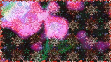 Halk tarzı. Moda baskıları için zarif bir şablon. Parlak renkli çiçekleri ve gri ve kahverengi renkte yaprakları olan şaşırtıcı, pürüzsüz çiçek deseni. Modern çiçek arkaplanı.