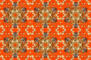 Turuncu ve kahverengi renkli Royal retro. Raster illüstrasyonu. Kusursuz desenli altın elementler. Klasik çiçek dokusu. Kart, duvar kağıdı, ambalaj ve tekstil için klasik tasarım. Altın şablon.