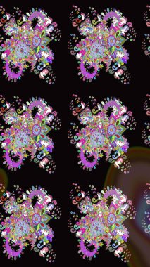 Raster illüstrasyonu. Siyah ve kahverengi kıvırcık çiçekler siyah ve kahverengi renklerde şekillenirler. Klasik çiçek tasarım elementleri.