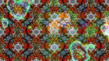 Çocuksu tasarım. Tekstil, kumaş, ambalaj, hatıra defteri için hoş bir çiçek arkaplanı. Kahverengi ve yeşil arka planda. Elle çizilmiş karalama çiçekleri ile Raster çizim deseni.