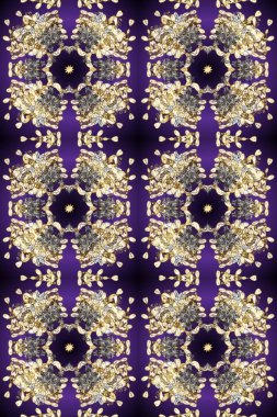 Raster altın pürüzsüz desen. Arkaplan, kumaş, altın duvar kağıdı. Düz elle çizilmiş klasik koleksiyon. Altın desenli menekşe, bej ve gri renklerde altın elementler.